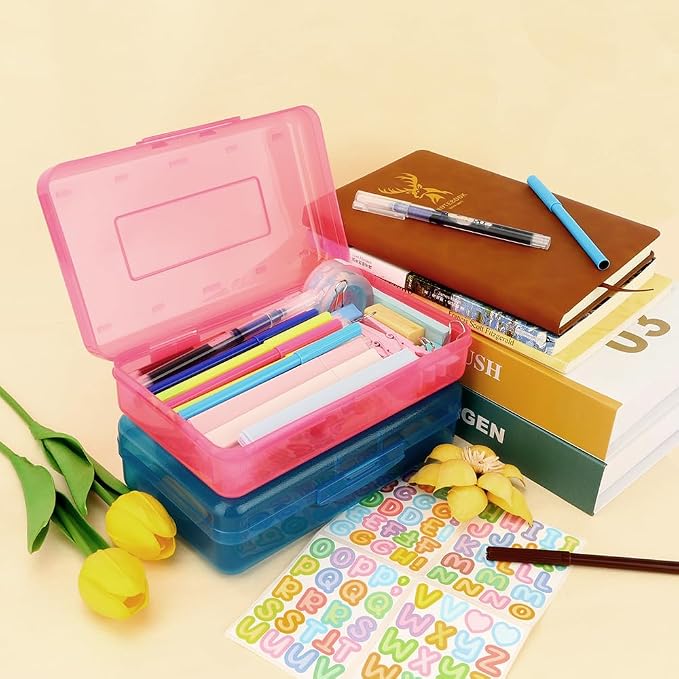 Pink Blue Hard Clear Plastic Pencil Case Box Organizer Large Capacity Pencil Case 2 Pack Crayon Box Office Supplies Storage Container Organizer Boxes for Pens Pencils School Stylish Office Supplies