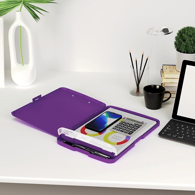 Piasoenc Clipboard with Storage, 8.5 x 11 Organization Box with Pen Holder and A4 Legal Paper Folder, Folio & Side-Opening, Low Profile Clip,for Nurses,Teachers, Size 14 x 9.6 x 1.2 in, Deep Purple