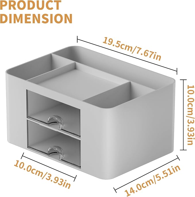 Marbrasse Pen Organizer with 2 Drawer, Multi-Functional Pencil Holder for Desk, Desk Organizers and Accessories with 5 Compartments + Drawer for Office Art Supplies (Grey)