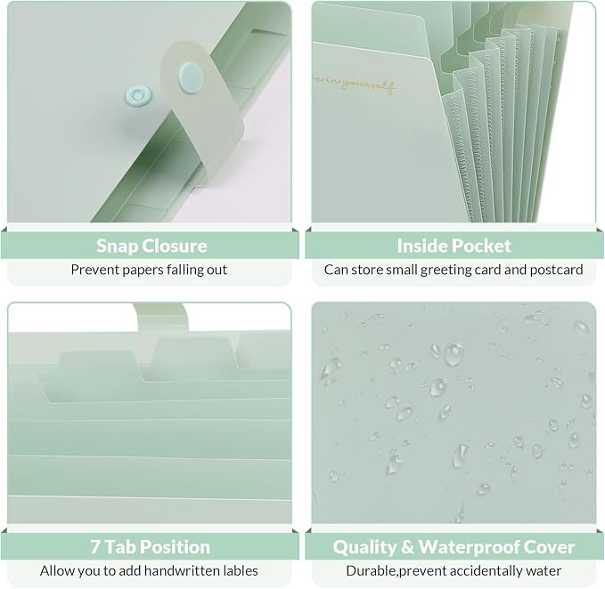 SKYDUE Expanding File Folder, Accordion File Organizer with 8 Pocket, Expandable Document Paper Receipt Holder for School Office Hospital, Letter/A4 Size Light Green