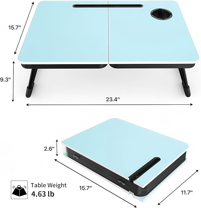 BUYIFY 23.4" Foldable Lap Desk Bed Table with Cup Holder Portable Tray Blue | Folds Flat for Easy Storage, No Assembly Laptop Bed Desk, Sturdy and Lightweight, Versatile for Work Eat Study, Patent Design