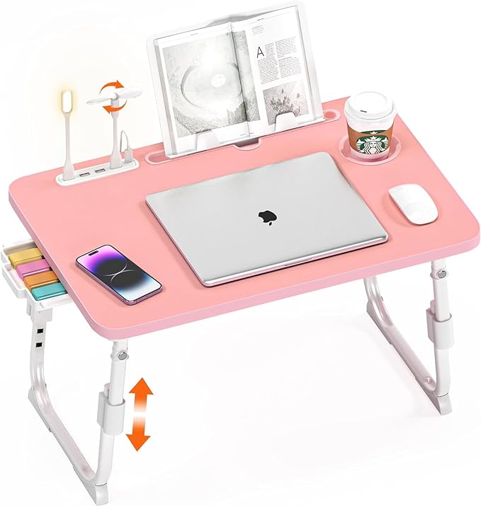 Lap Desk for Bed, Adjustable Laptop Desk with USB Charging Port, Storage Drawer & Bookshelf — Foldable Bed Desk for WFH & Students, 23.6" Desktop Fits 20" Laptop, Non-Slip, Pink