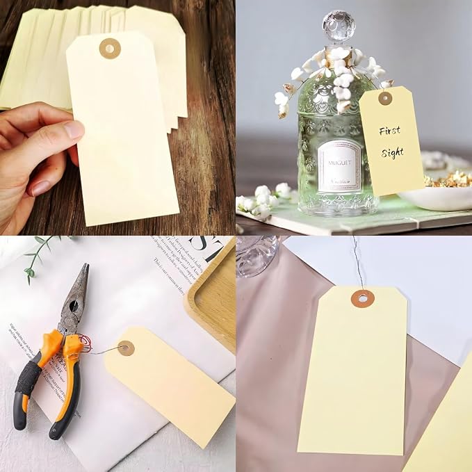 Pre-Strung Blank Shipping Labels with Wire, 120 PCS 4 3/4" x 2 3/8" Manila Hang Tabs for Luggage, Price & Gift Tagging | Write-On Surface for Inventory, Repair, Crafts & Multipurpose Use