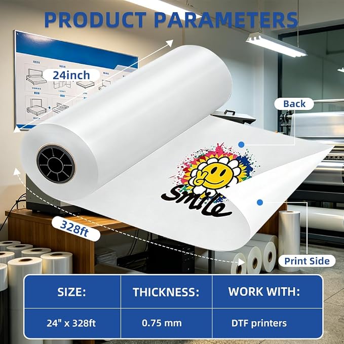 DTF Transfer Film Roll 24 Inch x 328 FT for Double-Side Matte Clear Pretreat Sheets, PET Heat Transfer Paper for Inkjet Printer Direct Print(Hot & Cold Peel)