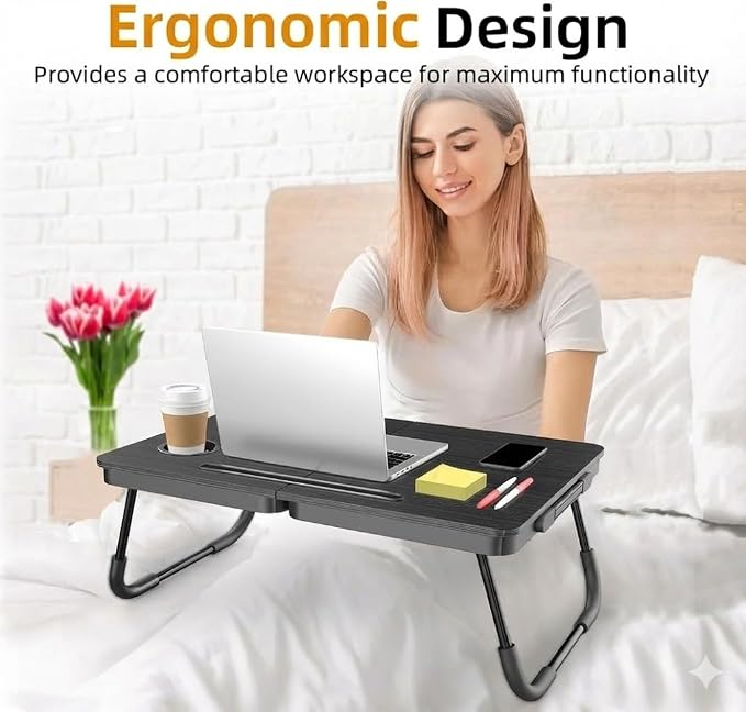 BUYIFY 23.4" Foldable Lap Desk Bed Table with Cup Holder Portable TrayBlack | Folds Flat for Easy Storage, No Assembly Laptop Bed Desk, Sturdy and Lightweight, Versatile for Work Eat Study, Patent Design