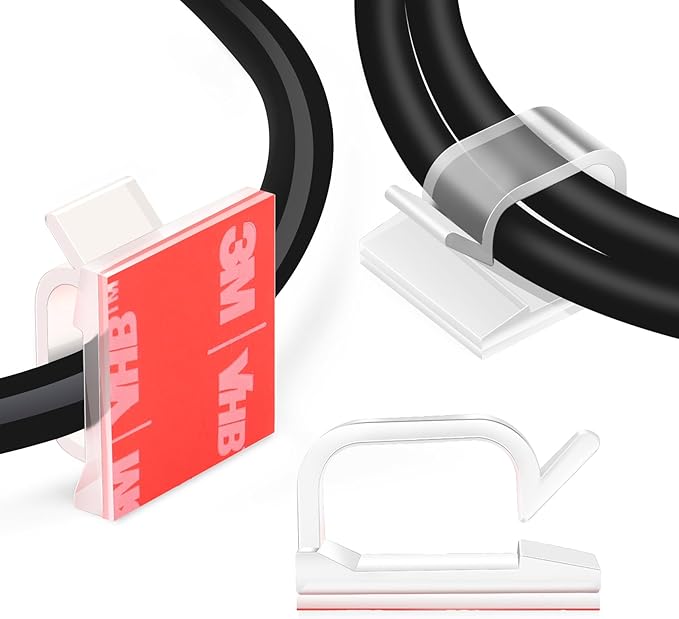 120PCS XHF Adhesive Cable Wire Clips Clear, Outdoor Christmas Light Clips, Cable Holder Staples Cable Management Wire Organizer Cord for Under Desk, Car, Wall, TV PC Ethernet Cable