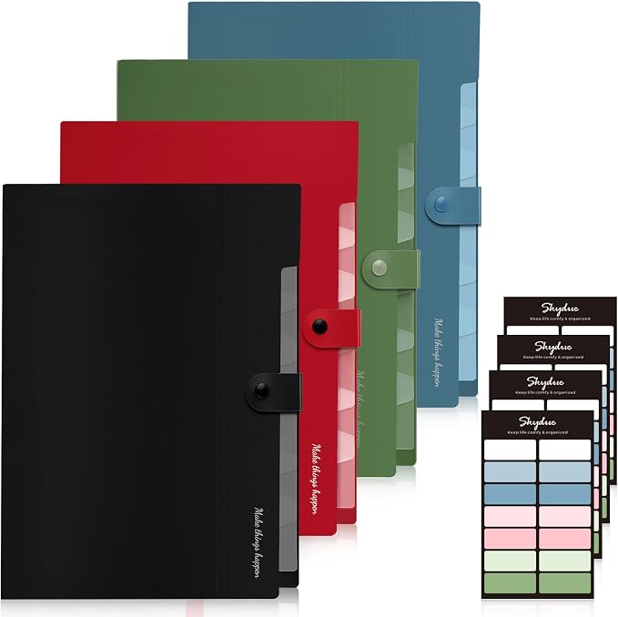 SKYDUE 8 Pockets Accordion File Organizer, Expanding File Folders, Portable Document Paper Organizer, A4 Letter Size, Snap Closure, Pack of 4