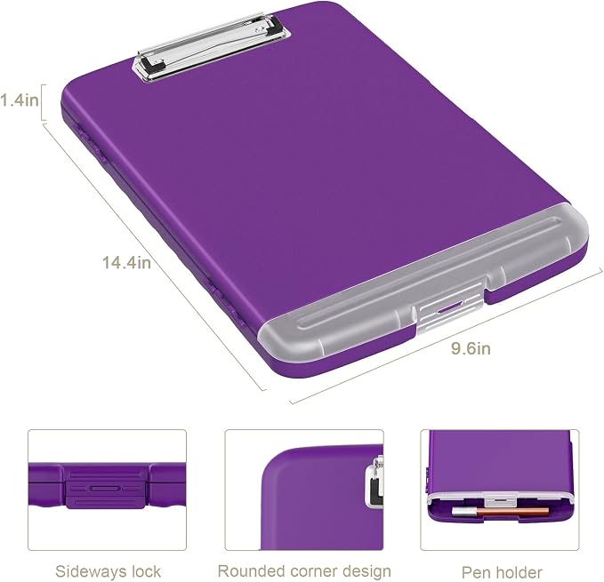 Piasoenc Clipboard with Storage, 8.5 x 11 Organization Box with Pen Holder and A4 Legal Paper Folder, Folio & Side-Opening, Low Profile Clip,for Nurses,Teachers, Size 14 x 9.6 x 1.2 in, Deep Purple