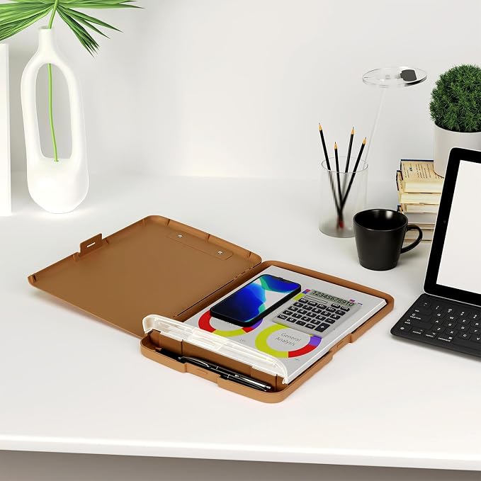 Piasoenc Clipboard with Storage, 8.5 x 11 Organization Box with Pen Holder and A4 Legal Paper Folder, Folio & Side-Opening, Low Profile Clip,for Nurses,Teachers, Size 14 x 9.6 x 1.2 in, Brown