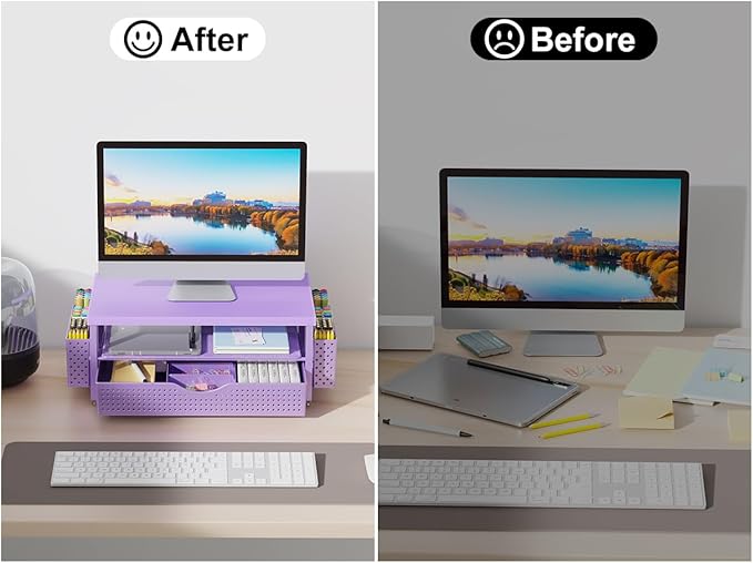 gianotter Desk Organizers and Accessories, Monitor Stand with Drawer and 2 Pen Holder, Desktop Organizer Suitable for Offices and Dormitories (Purple-Plain)