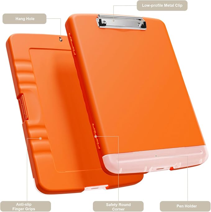 Piasoenc Clipboard with Storage, 8.5 x 11 Organization Box with Pen Holder and A4 Legal Paper Folder, Folio & Side-Opening, Low Profile Clip,for Nurses,Teachers, Size 14 x 9.6 x 1.2 in, Orange