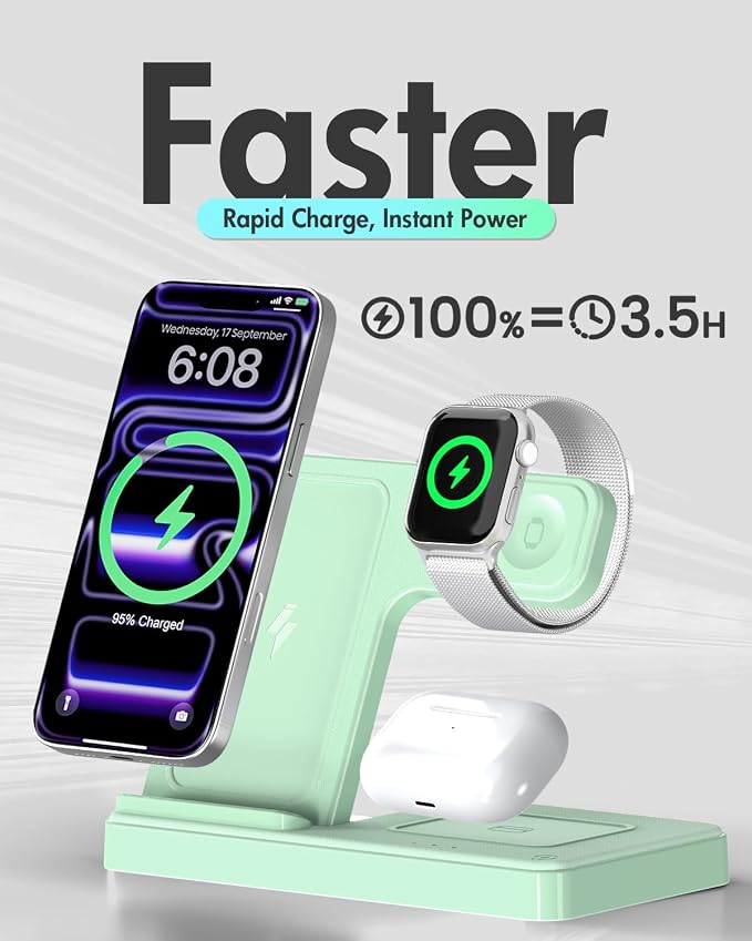 GETPALS Wireless Charger iPhone Charging Station for Apple Multiple Devices | 3 in 1 Charger Stand for iPhone 17 Pro Max 17e 16 16e 15 14 13 12 & Watch Series 11-2 SE Ultra & Airpods 4 3 Pro, Light Green