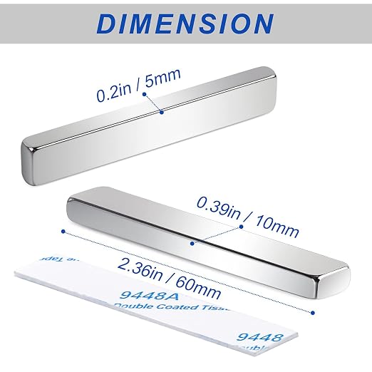 MIKEDE Strong Neodymium Magnets with Adhensive Backing 60x10x5 mm 12 Pcs | Super Strong Magnets Bar, Heavy Duty Metal Powerful Silver Rectangular Magnet for Craft, Whiteboard, Garage, Kitchen, DIY