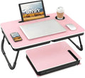 BUYIFY 23.4" Foldable Lap Desk Bed Table with Cup Holder Portable Tray Pink | Folds Flat for Easy Storage, No Assembly Laptop Bed Desk, Sturdy and Lightweight, Versatile for Work Eat Study, Patent Design