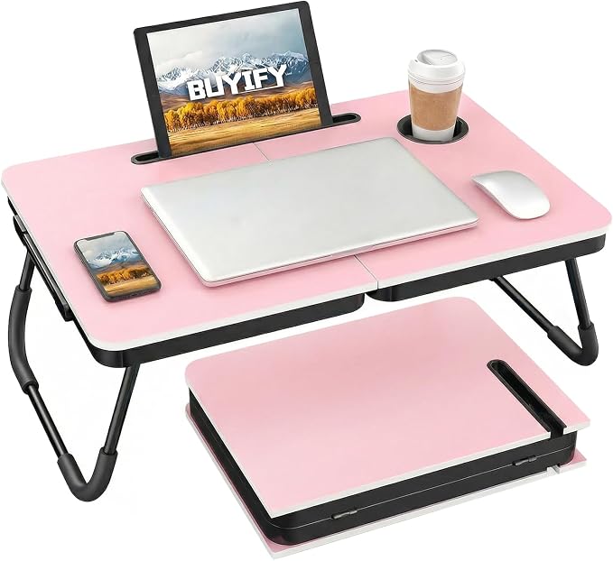 BUYIFY 23.4" Foldable Lap Desk Bed Table with Cup Holder Portable Tray Pink | Folds Flat for Easy Storage, No Assembly Laptop Bed Desk, Sturdy and Lightweight, Versatile for Work Eat Study, Patent Design