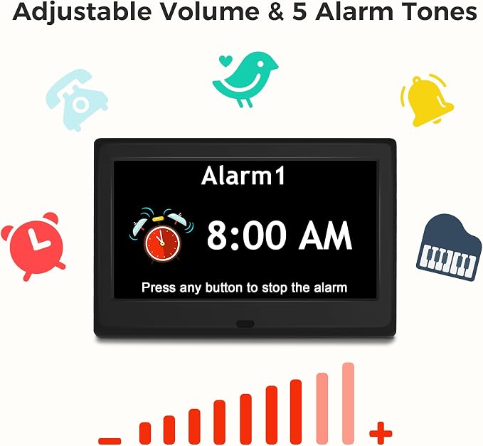 Pastigio 7‘’ Digital Clock, Dementia Clock with Date and Time, 10 Reminders, 6 Alarms, Auto-Dimming, Auto DST, Remote Control, Large Display Alarm Clock for Seniors, Elderly Must Haves Gifts