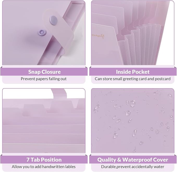 SKYDUE Expanding File Folder, Accordion File Organizer with 8 Pocket, Expandable Document Paper Receipt Holder for School Office Hospital, Letter/A4 Size Purple
