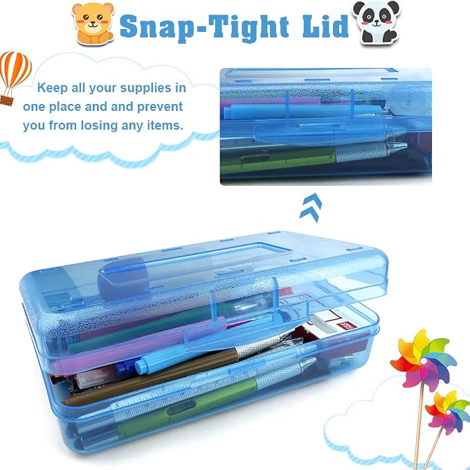 Pencil Box, Large Capacity Clear Pencil Case, 1 Pack Hard Pencil Case, Clear Crayon Box with Snap-tight Lid Stackable Design, Plastic Storage Box for Office Supplies, Blue
