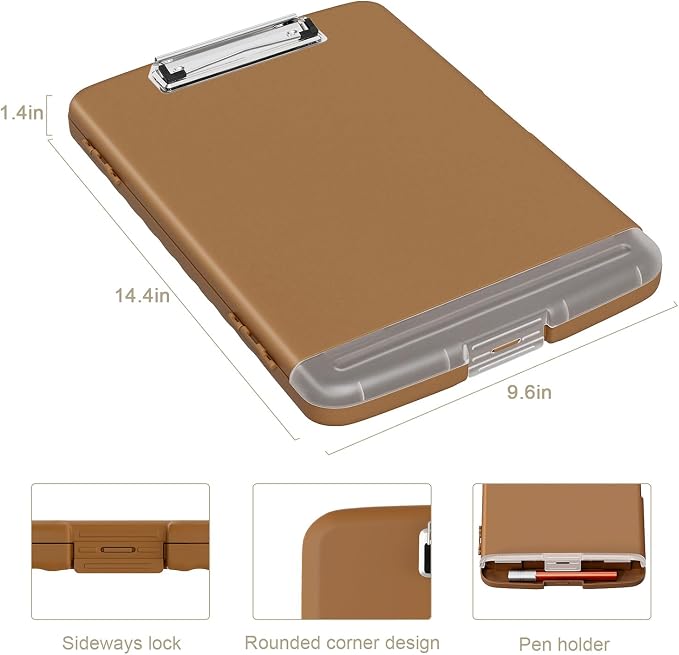 Piasoenc Clipboard with Storage, 8.5 x 11 Organization Box with Pen Holder and A4 Legal Paper Folder, Folio & Side-Opening, Low Profile Clip,for Nurses,Teachers, Size 14 x 9.6 x 1.2 in, Brown