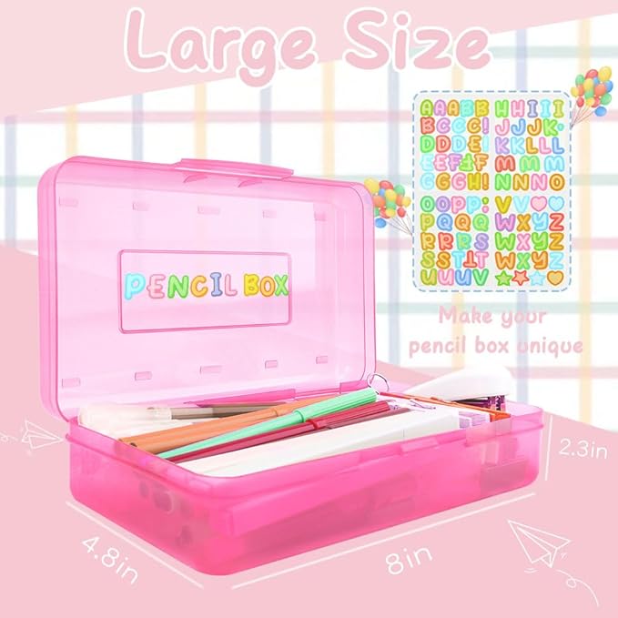 Pink Blue Hard Clear Plastic Pencil Case Box Organizer Large Capacity Pencil Case 2 Pack Crayon Box Office Supplies Storage Container Organizer Boxes for Pens Pencils School Stylish Office Supplies