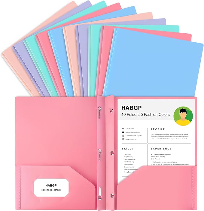 HABGP Two Pocket Folder with Prongs (10 Pack, Pastel Colors), Plastic Folders with Pockets and Business Card Holder, Folders with Pocket Fit Letter Size, Organizing Papers in School, Office & Business
