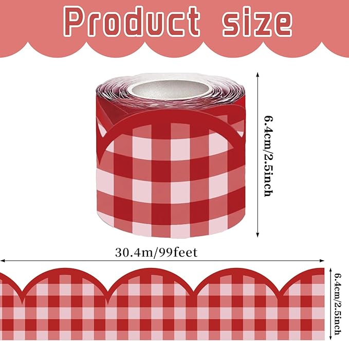 100FT Checkered Bulletin Board Border-Scalloped Checkerboard Decorative Roll for Walls, Desks, Windows, Doors, Lockers, Schools, Classrooms, Homeschool & Offices(Red)