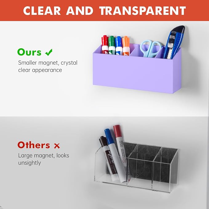 Magnetic Dry Erase Marker Holder, Acrylic Magnet Pen Holder for Whiteboard, Refrigerator, Magnetic Fridge Organizer for Office, Classroom, Whiteboard Maker Holder, Locker Organizer-Purple