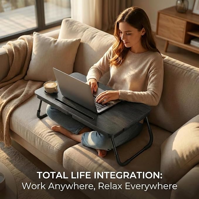 BUYIFY 23.4" Foldable Lap Desk Bed Table with Cup Holder Portable Tray | Folds Flat for Easy Storage, No Assembly Laptop Bed Desk, Sturdy and Lightweight, Versatile for Work Eat Study, Patent Design