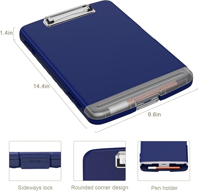 Piasoenc Clipboard with Storage, 8.5 x 11 Organization Box with Pen Holder and A4 Legal Paper Folder, Heavy Duty Plastic, Folio & Side-Opening, Low Profile Clip for Nurses, Teachers,Navy Blue
