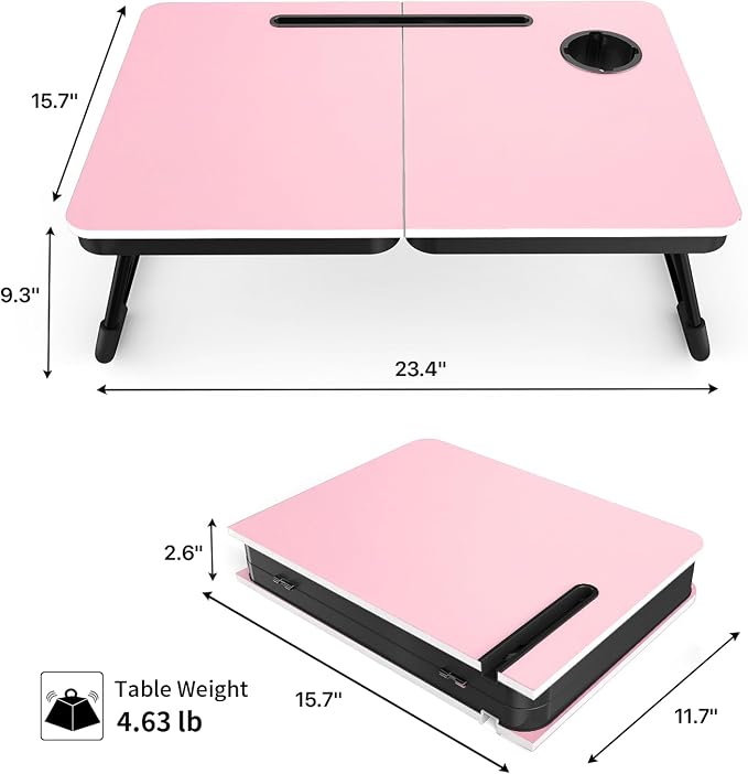 BUYIFY 23.4" Foldable Lap Desk Bed Table with Cup Holder Portable Tray Pink | Folds Flat for Easy Storage, No Assembly Laptop Bed Desk, Sturdy and Lightweight, Versatile for Work Eat Study, Patent Design