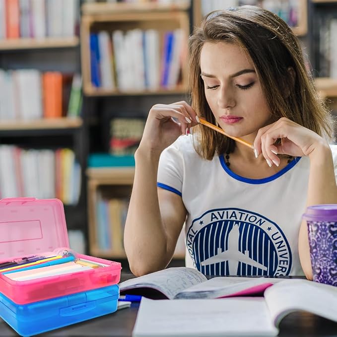 Pink Blue Hard Clear Plastic Pencil Case Box Organizer Large Capacity Pencil Case 2 Pack Crayon Box Office Supplies Storage Container Organizer Boxes for Pens Pencils School Stylish Office Supplies