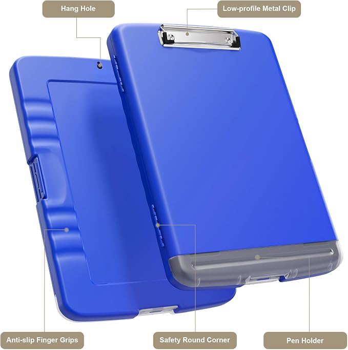 Piasoenc Clipboard with Storage, 8.5 x 11 Organization Box with Pen Holder and A4 Legal Paper Folder, Heavy Duty Plastic, Folio & Side-Opening, Low Profile Clip for Nurses, Teachers,Deep Lake Blue