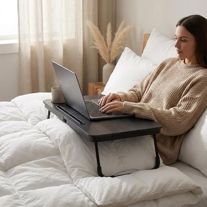BUYIFY 23.4" Foldable Lap Desk Bed Table with Cup Holder Portable Tray | Folds Flat for Easy Storage, No Assembly Laptop Bed Desk, Sturdy and Lightweight, Versatile for Work Eat Study, Patent Design