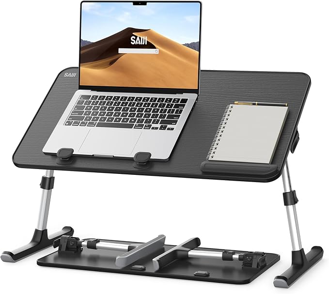 Desk, Table, SAIJI Adjustable Laptop Stand, Breakfast Tray, 5 Heights, 4 Angles, Stable Folding Table for Bed Sofa Desk, Suitable for Laptops up to 17 Inches (60 x 33 cm Black)
