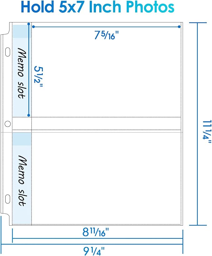 MaxGear 30 Pack 5x7 Photo Sleeves for 3 Ring Binder (120 Pictures),2 Pocket | Heavy-Duty Archival Page Protectors,Clear Photo Album Refill Pages,Plastic Recipe Cards Binder Sleeves with Pockets,Acid-Free