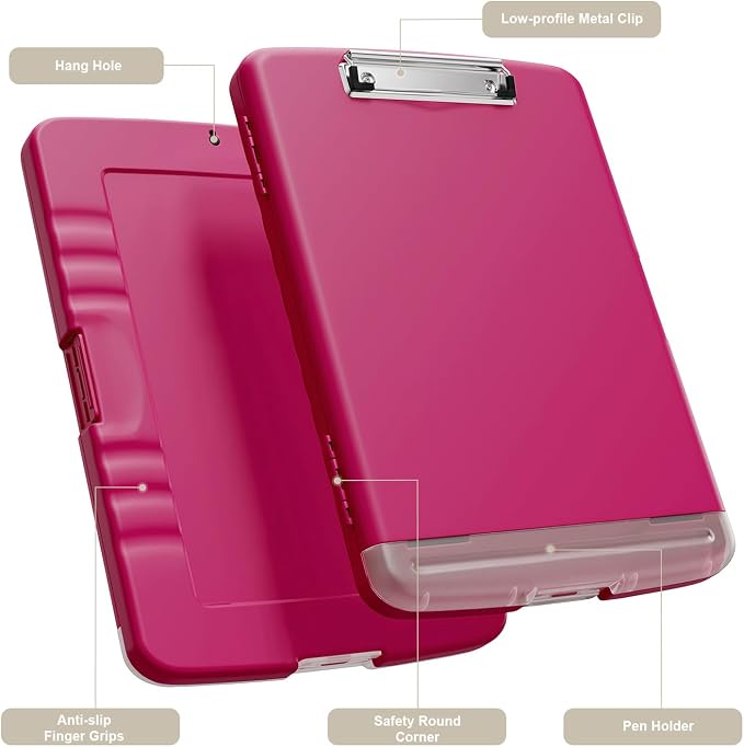 Piasoenc Clipboard with Storage, 8.5 x 11 Organization Box with Pen Holder and A4 Legal Paper Folder, Folio & Side-Opening, Low Profile Clip,for Nurses,Teachers, Size 14 x 9.6 x 1.2 in, Red