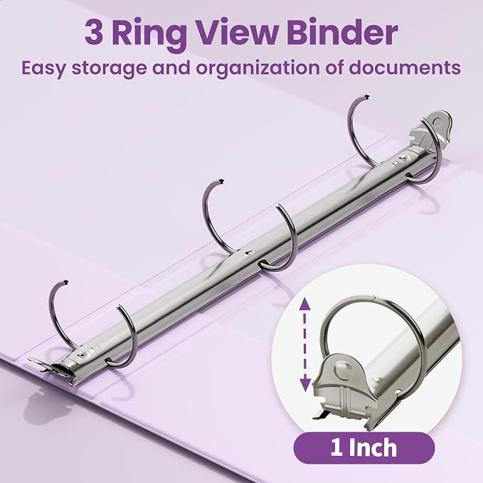 SUNEE 3 Ring Binder 1 Inch 4 Pack, Clear View 1" Binders Three Ring PVC-Free (Fit 8.5x11 Inches) for School or Office Supplies, Purple