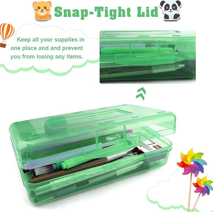 Pencil Box, Large Capacity Clear Pencil Case, 1 Pack Hard Pencil Case, Clear Crayon Box with Snap-tight Lid Stackable Design, Plastic Storage Box for Office Supplies, Green
