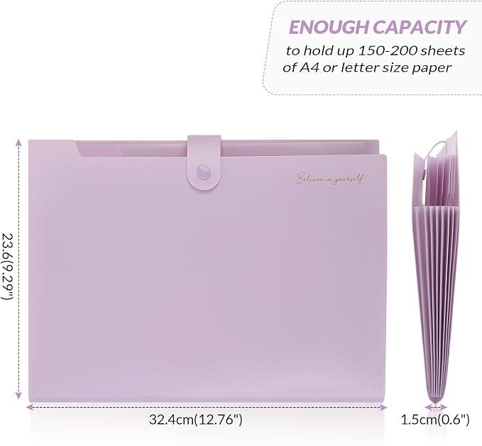 SKYDUE Expanding File Folder, Accordion File Organizer with 8 Pocket, Expandable Document Paper Receipt Holder for School Office Hospital, Letter/A4 Size Purple