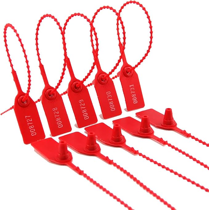 Leadseals(R) 100 Plastic Tamper Seals, Zip Ties for Fire Extinguishers Pull Tite Security Tags Numbered Disposable Self-Locking Tie 250mm Length (Red)