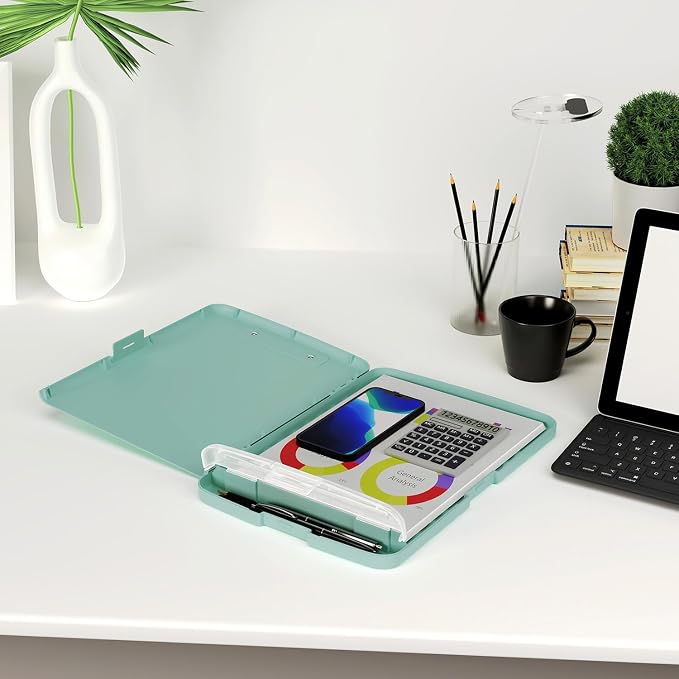 Piasoenc Clipboard with Storage, 8.5 x 11 Organization Box with Pen Holder and A4 Legal Paper Folder, Folio & Side-Opening, Low Profile Clip,for Nurses,Teachers, Size 14 x 9.6 x 1.2 in, Teal