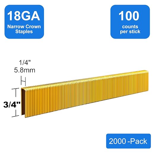 18 Gauge 1/4" Narrow Crown Staples 3/4 Inch Leg, 2000-Pack | Galvanized coating resists rust for indoor woodworking & decoration, fits all electric staplers and staple guns