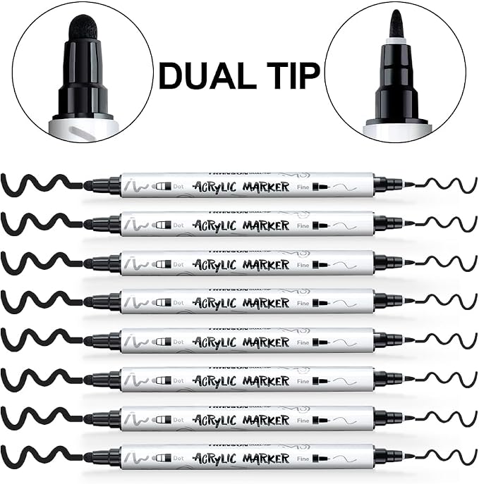 TRANSON 8 Pack Black Bold and Fine Dual-tip Acrylic Paint Marker for DIY Glass Canvas Wood Leather Ceramic Rock Painting