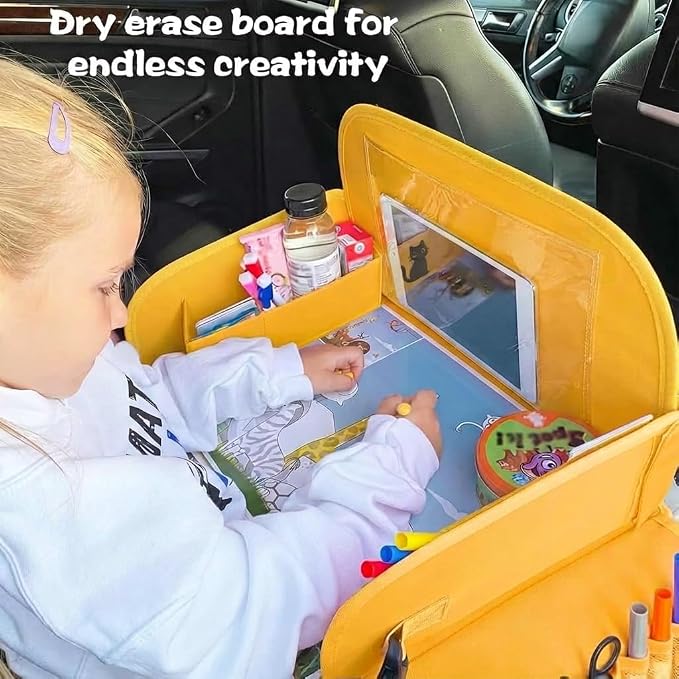 MENZOKE Kids Travel Tray for Toddler Car Seat, Toddler Gift for Boy | Road Trip Essentials Accessories Lap Tray, 16.5 x 13 inch, iPad Holder Stand, Storage Pockets, Snack Compartment, Yellow