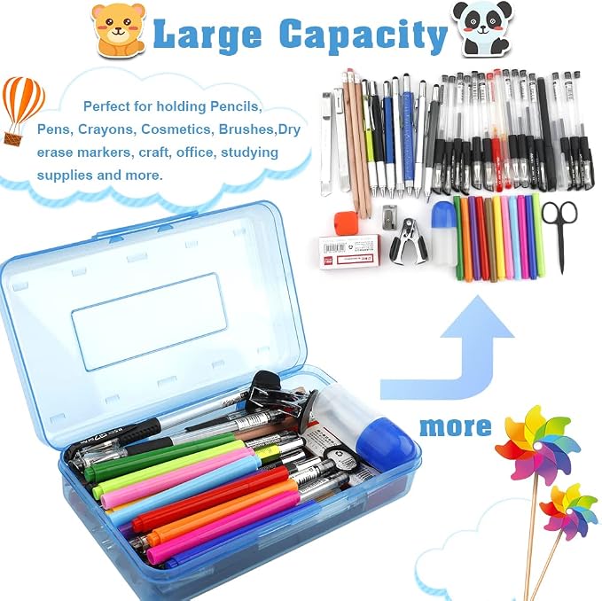 Pencil Box, Large Capacity Clear Pencil Case, 1 Pack Hard Pencil Case, Clear Crayon Box with Snap-tight Lid Stackable Design, Plastic Storage Box for Office Supplies, Blue