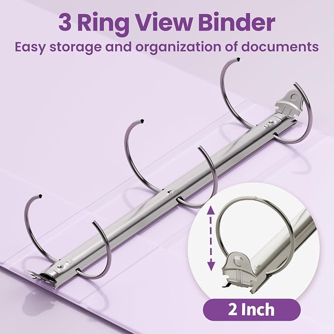 SUNEE 3 Ring Binders 2 Inch 4 Pack, Clear View Binder Three Ring PVC-Free (Fit 8.5x11 Inches) for School or Office Supplies, Purple