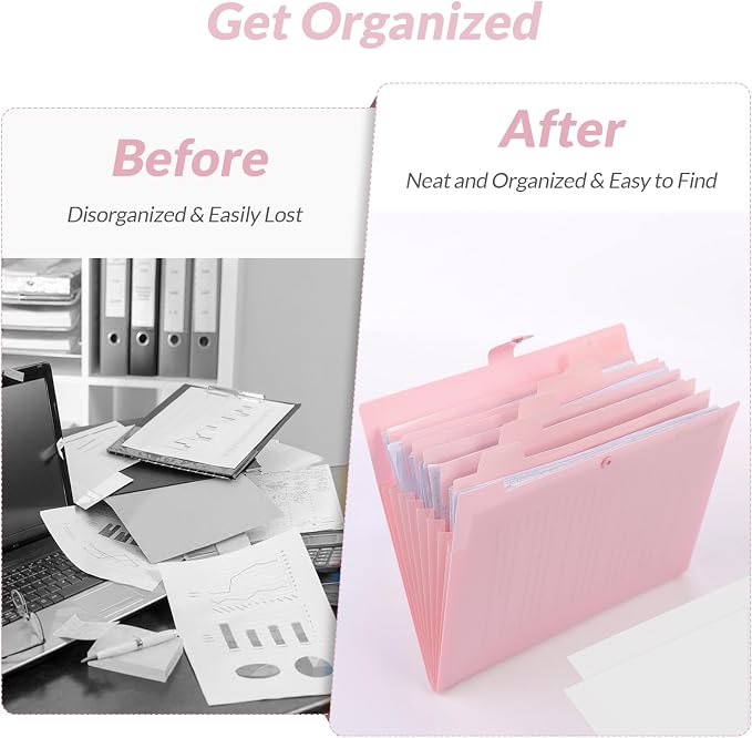 SKYDUE Expanding File Folder, Accordion File Organizer with 8 Pockets, Expandable Document Paper Receipt Holder for School Office Hospital, Letter/A4 Size Pink