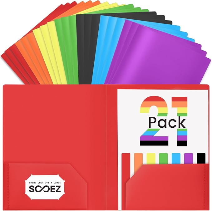 Sooez 21Pack Folders with Pockets, Pocket Folders with Extra Labels, Plastic Folders with Pockets, 2 Pocket Folders Bulk, Heavy Duty File Folders, School Folders Business Folder Office Filing Supplies
