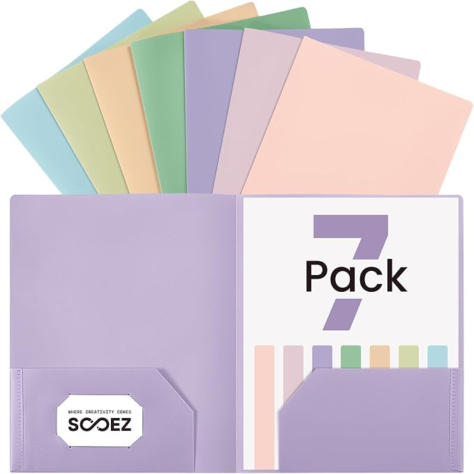 Sooez 7 Pack Folders with Pockets, 2 Pocket Folders with Extra Labels, Plastic Folder with Pockets, Heavy Duty File Folder Bulk, School Business Office Filing Supplies, Soft Colors
