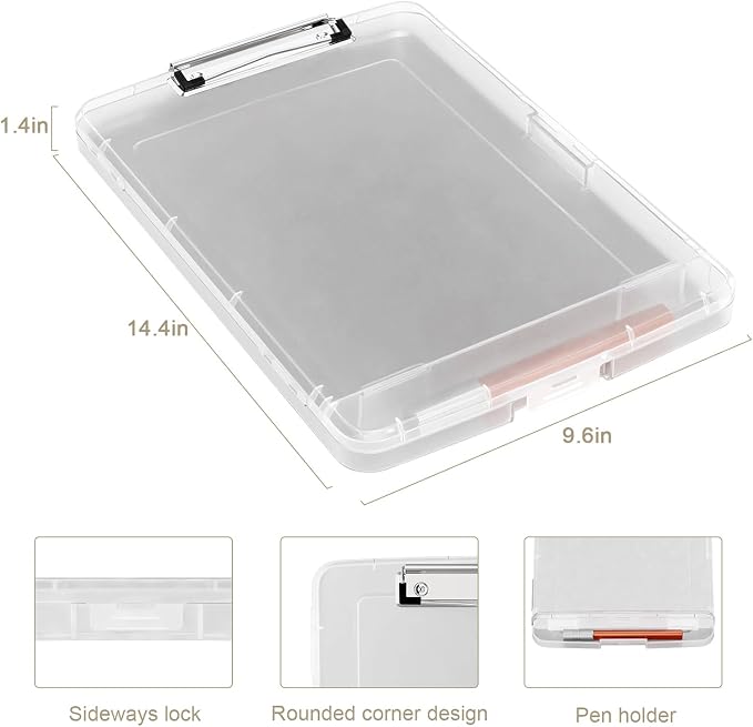 Piasoenc Clipboard with Storage, 8.5 x 11 Organization Box with Pen Holder and A4 Legal Paper Folder, Folio & Side-Opening, Low Profile Clip,for Nurses,Teachers, Size 14 x 9.6 x 1.2 in,Translucent